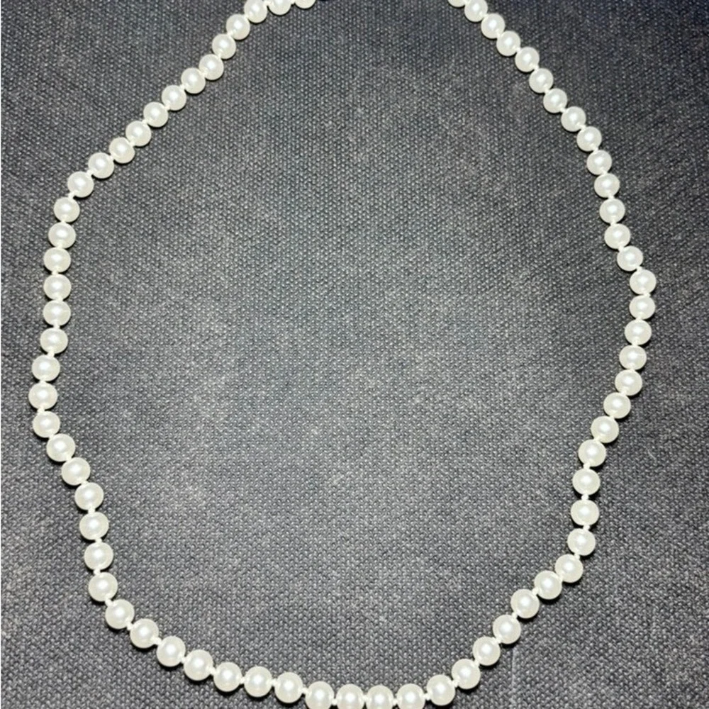 Vintage Filigree Clasp Hand Knotted Cream Faux Pearl Strand Necklace Gold Tone